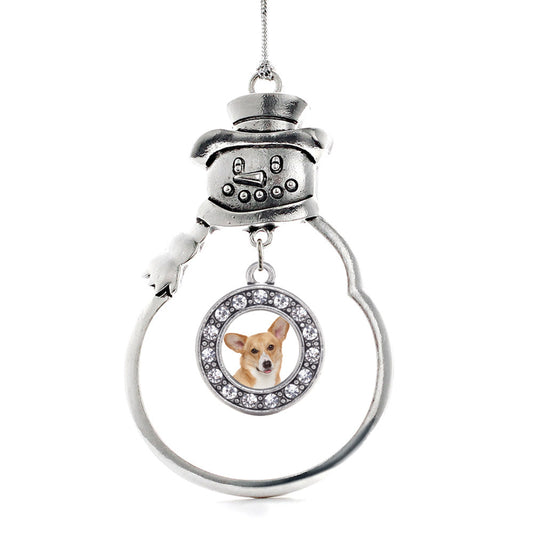 Silver Corgi Face Circle Charm Snowman Ornament