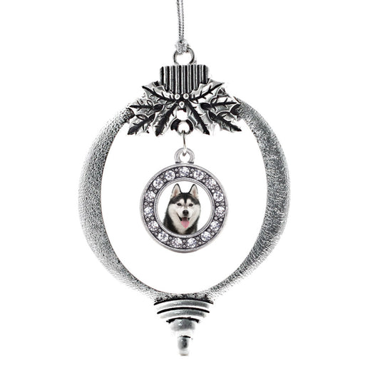 Silver Husky Face Circle Charm Holiday Ornament