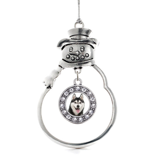 Silver Husky Face Circle Charm Snowman Ornament