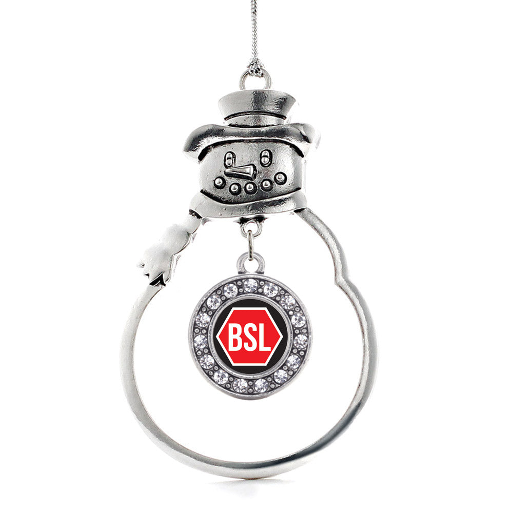 Silver STOP BSL Circle Charm Snowman Ornament