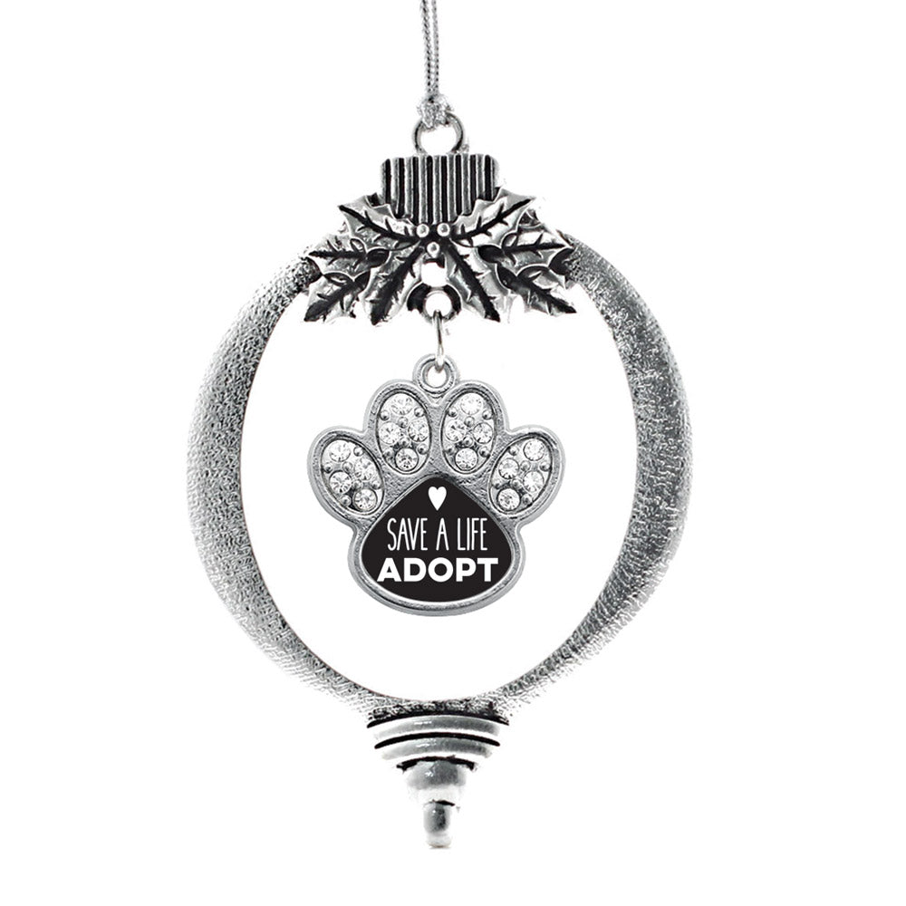 Silver Save A Life, Adopt Pave Paw Charm Holiday Ornament