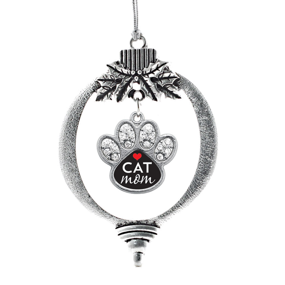 Silver Cat Mom Pave Paw Charm Holiday Ornament