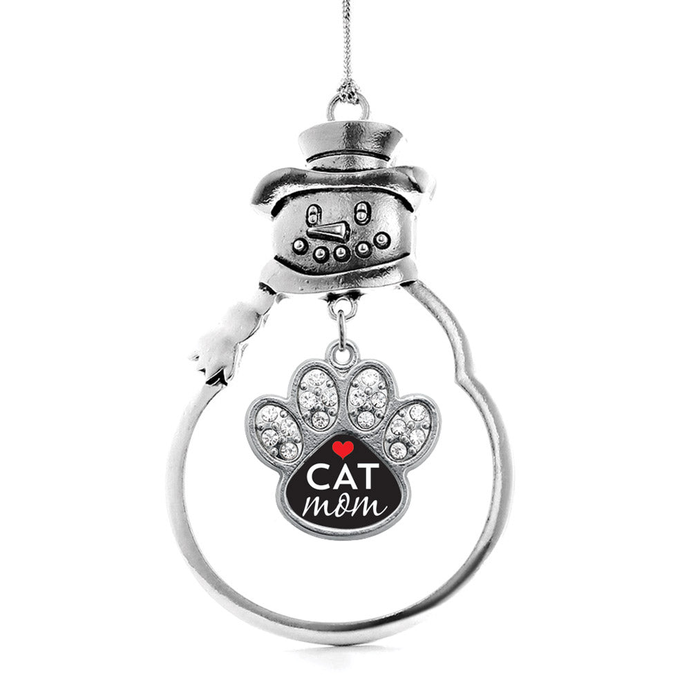 Silver Cat Mom Pave Paw Charm Snowman Ornament