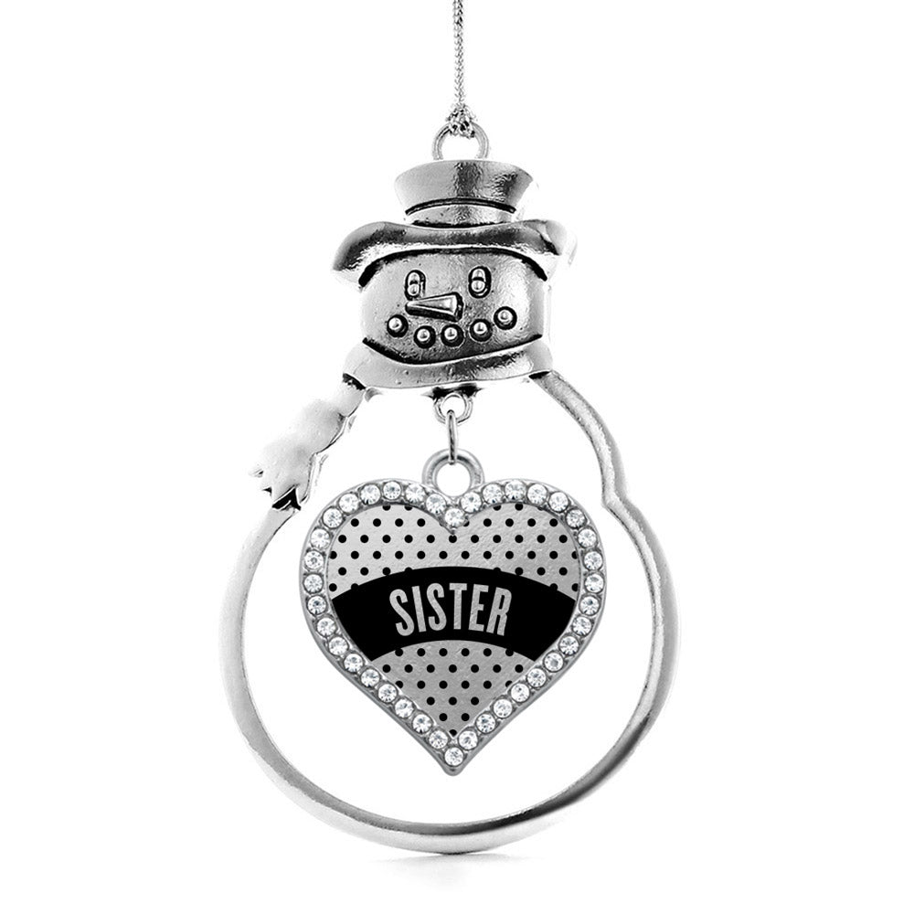 Silver Black Polka Dot Sister Open Heart Charm Snowman Ornament