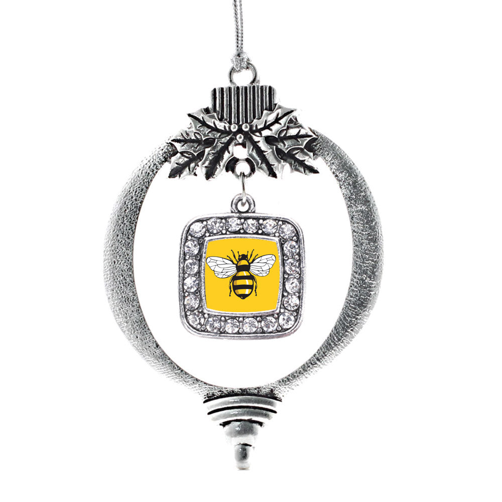 Silver Buzzing Bee Square Charm Holiday Ornament