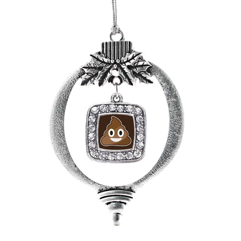 Silver Poop Emoji Square Charm Holiday Ornament