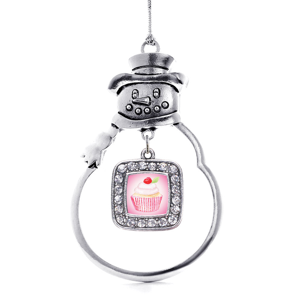 Silver Cupcake with a Cherry on Top Square Charm Snowman Ornament