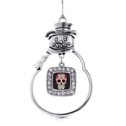 Silver Sugar Skull Square Charm Snowman Ornament