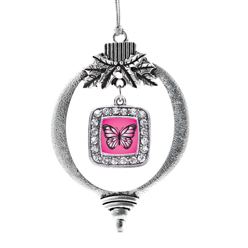 Silver Pink Butterfly Square Charm Holiday Ornament