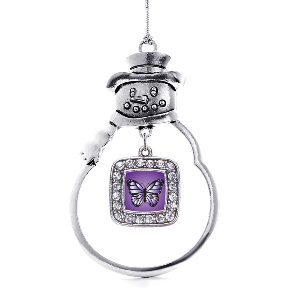 Silver Purple Butterfly Square Charm Snowman Ornament
