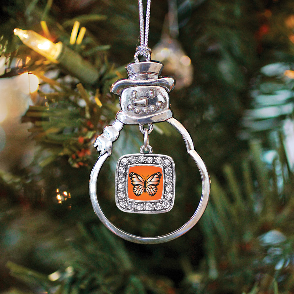 Silver Orange Butterfly Square Charm Snowman Ornament