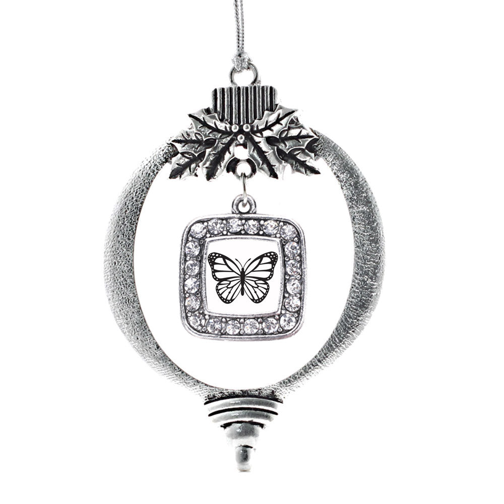 Silver White Butterfly Square Charm Holiday Ornament