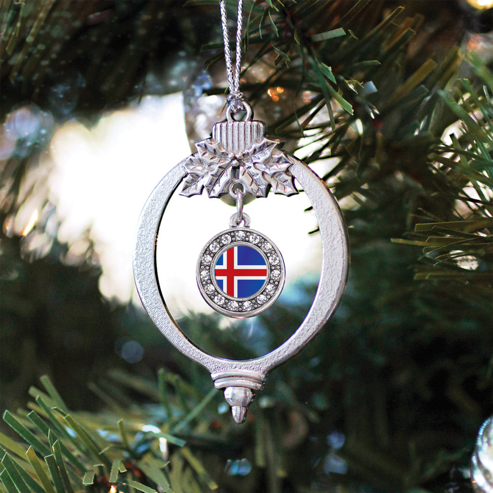Silver Iceland Flag Circle Charm Holiday Ornament