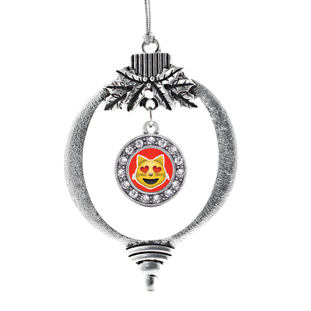Silver Cat Heart Emoji Circle Charm Holiday Ornament