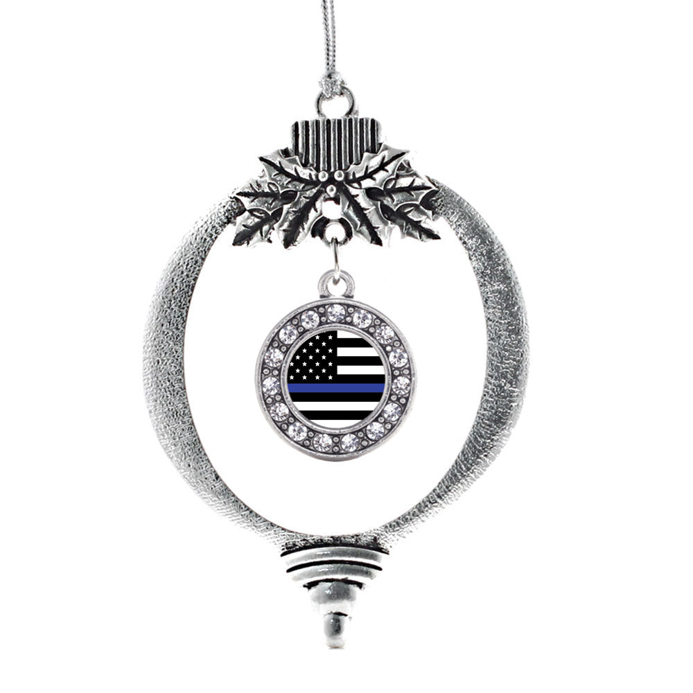 Silver Thin Blue Line American Flag Circle Charm Holiday Ornament