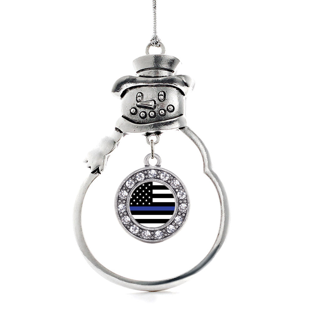 Silver Thin Blue Line American Flag Circle Charm Snowman Ornament