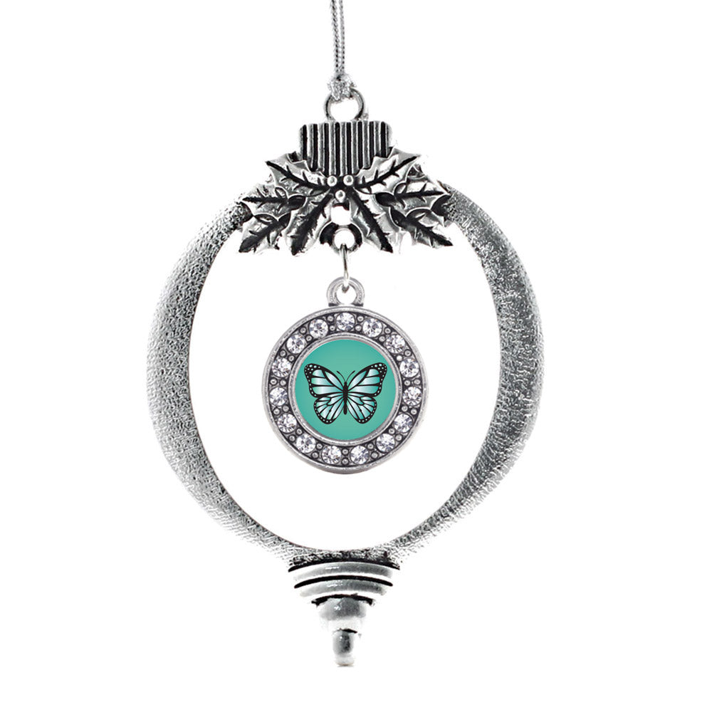 Silver Teal Butterfly Circle Charm Holiday Ornament