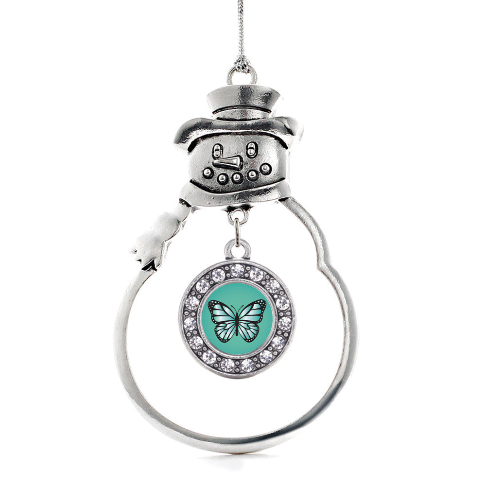 Silver Teal Butterfly Circle Charm Snowman Ornament