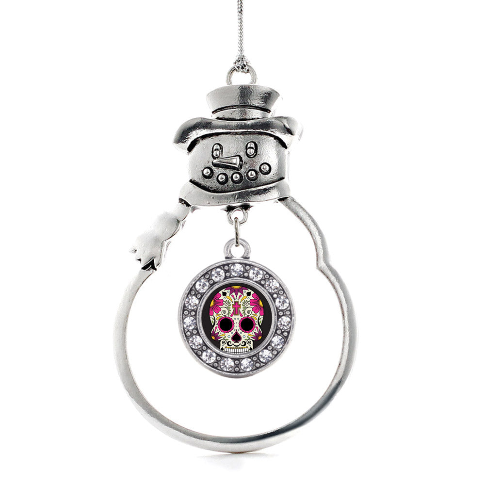Silver Sugar Skull Circle Charm Snowman Ornament