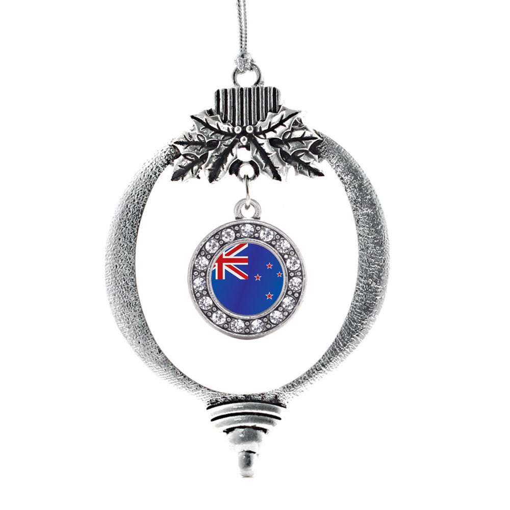 Silver New Zealand Flag Circle Charm Holiday Ornament