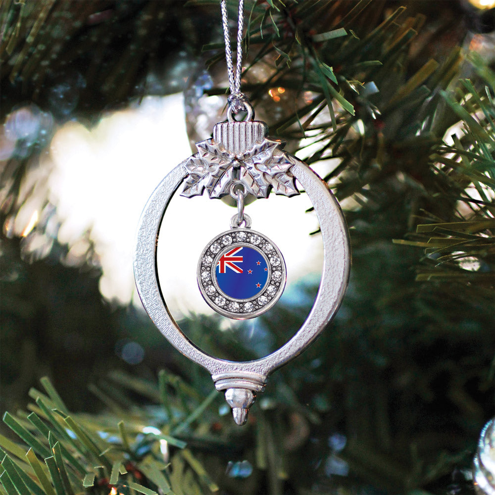 Silver New Zealand Flag Circle Charm Holiday Ornament