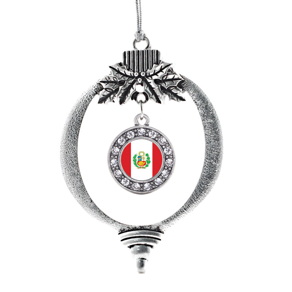 Silver Peru Flag Circle Charm Holiday Ornament