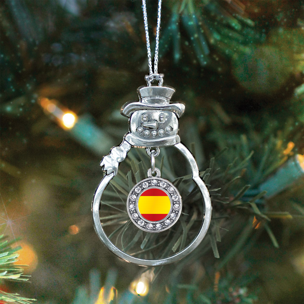 Silver Spain Flag Circle Charm Snowman Ornament
