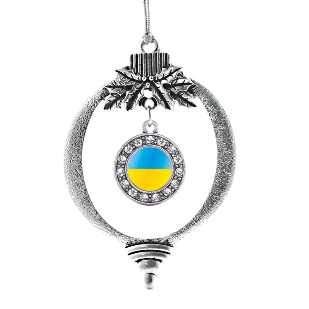 Silver Ukraine Flag Circle Charm Holiday Ornament