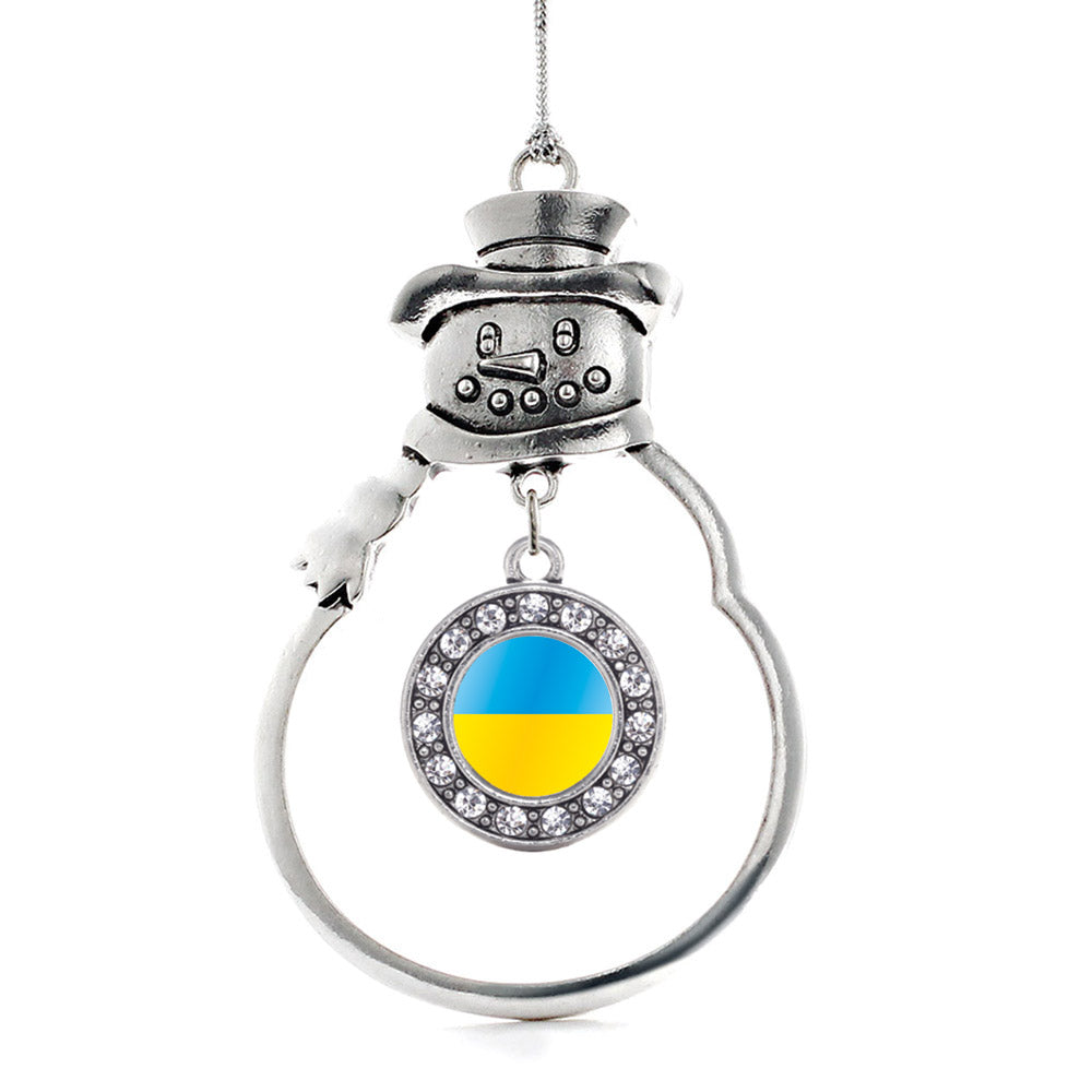 Silver Ukraine Flag Circle Charm Snowman Ornament