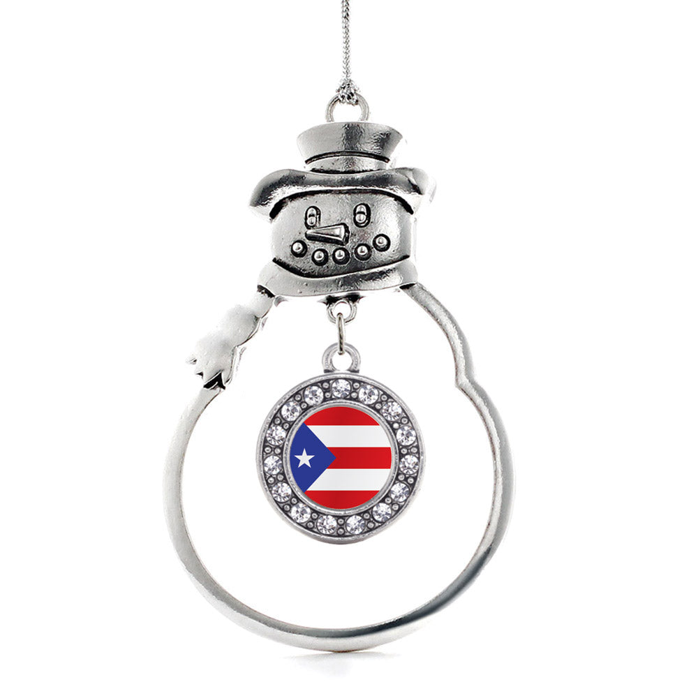 Silver Puerto Rico Flag Circle Charm Snowman Ornament