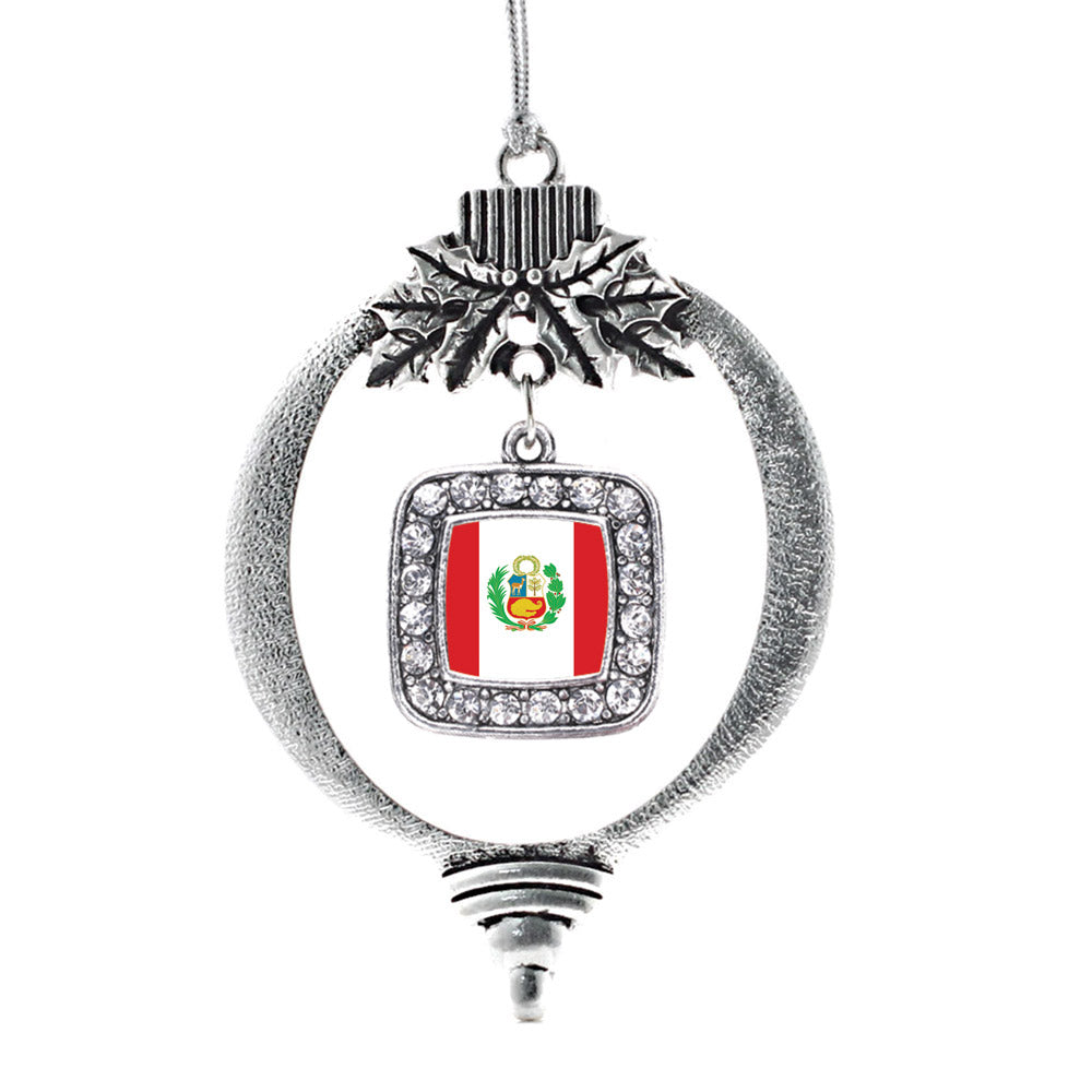 Silver Peru Flag Square Charm Holiday Ornament