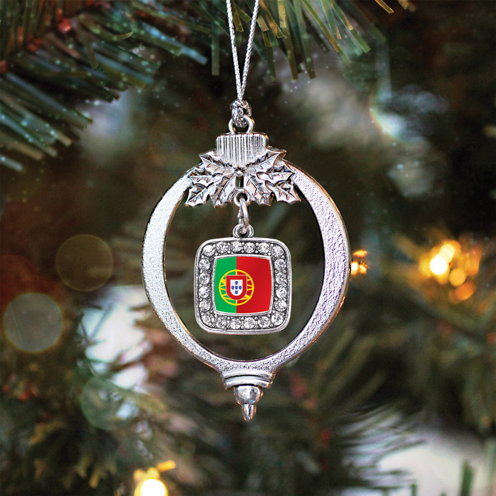Silver Portugal Flag Square Charm Holiday Ornament