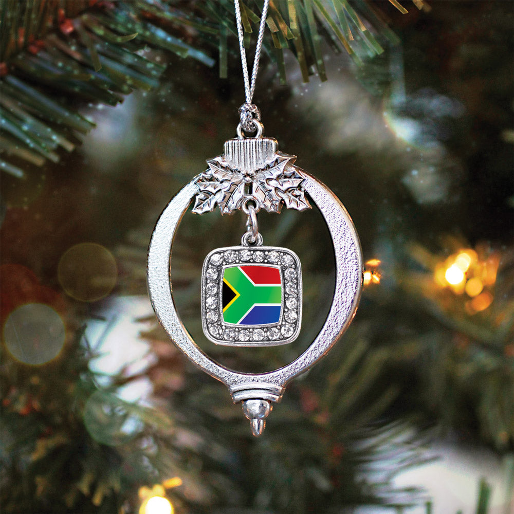 Silver South Africa Flag Square Charm Holiday Ornament