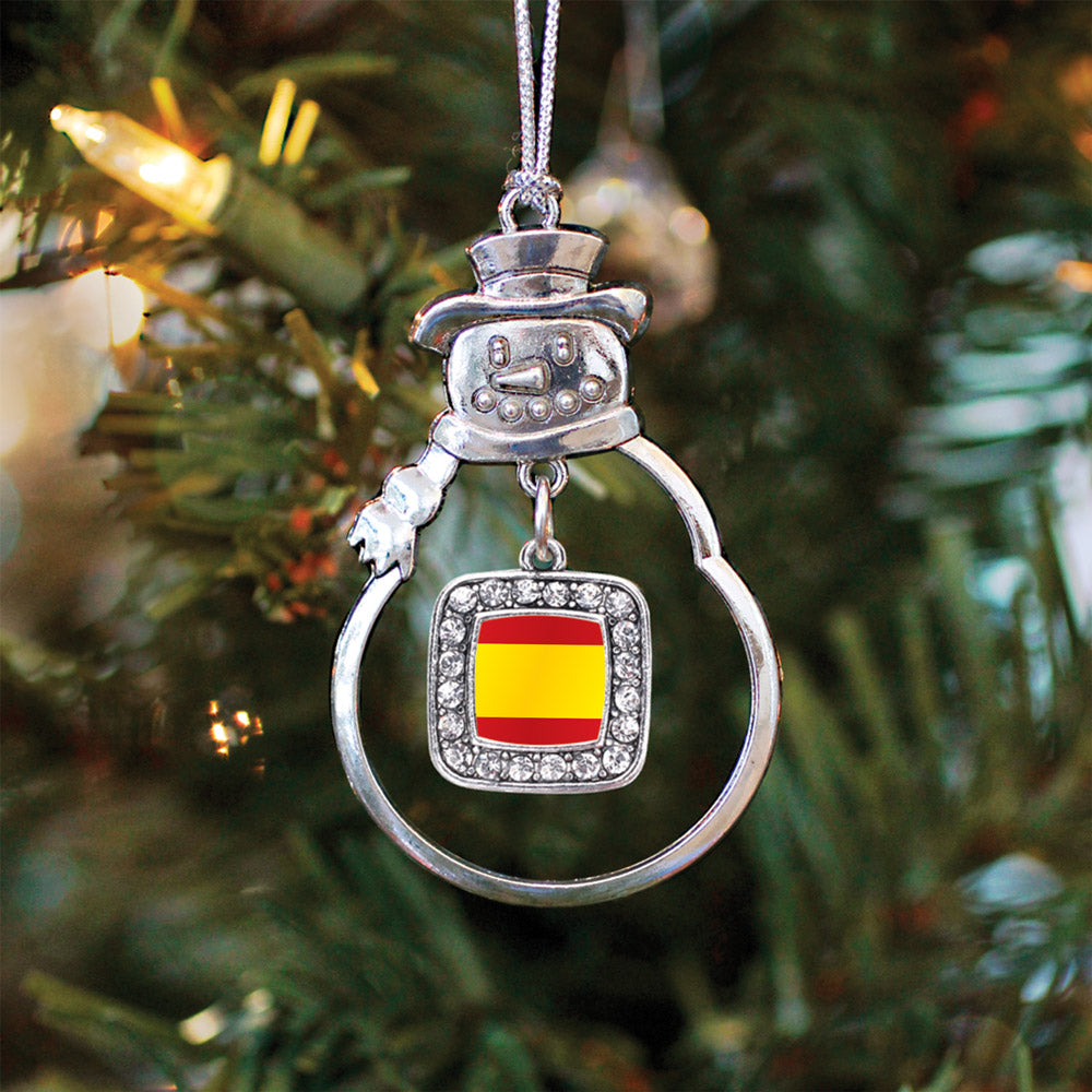 Silver Spain Flag Square Charm Snowman Ornament