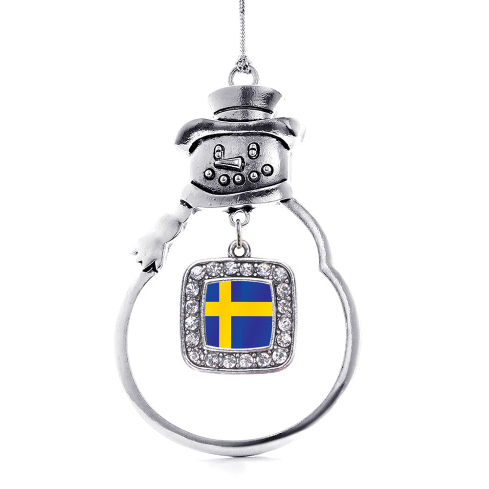 Silver Sweden Flag Square Charm Snowman Ornament