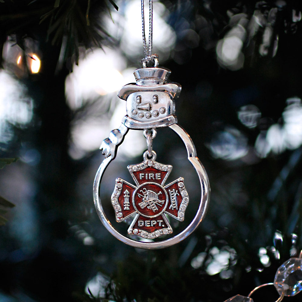Silver Firefighter Badge Charm Snowman Ornament