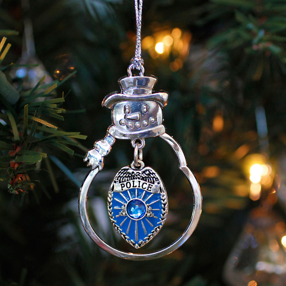 Silver Blue Police Badge Charm Snowman Ornament