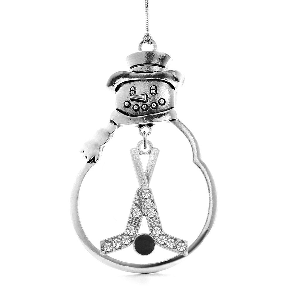Silver Hockey Sticks & Puck Charm Snowman Ornament