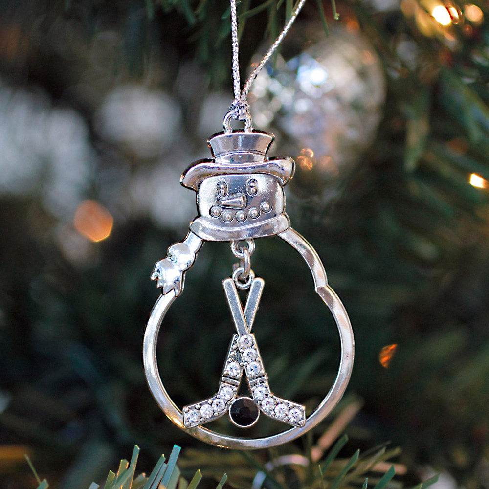 Silver Hockey Sticks & Puck Charm Snowman Ornament