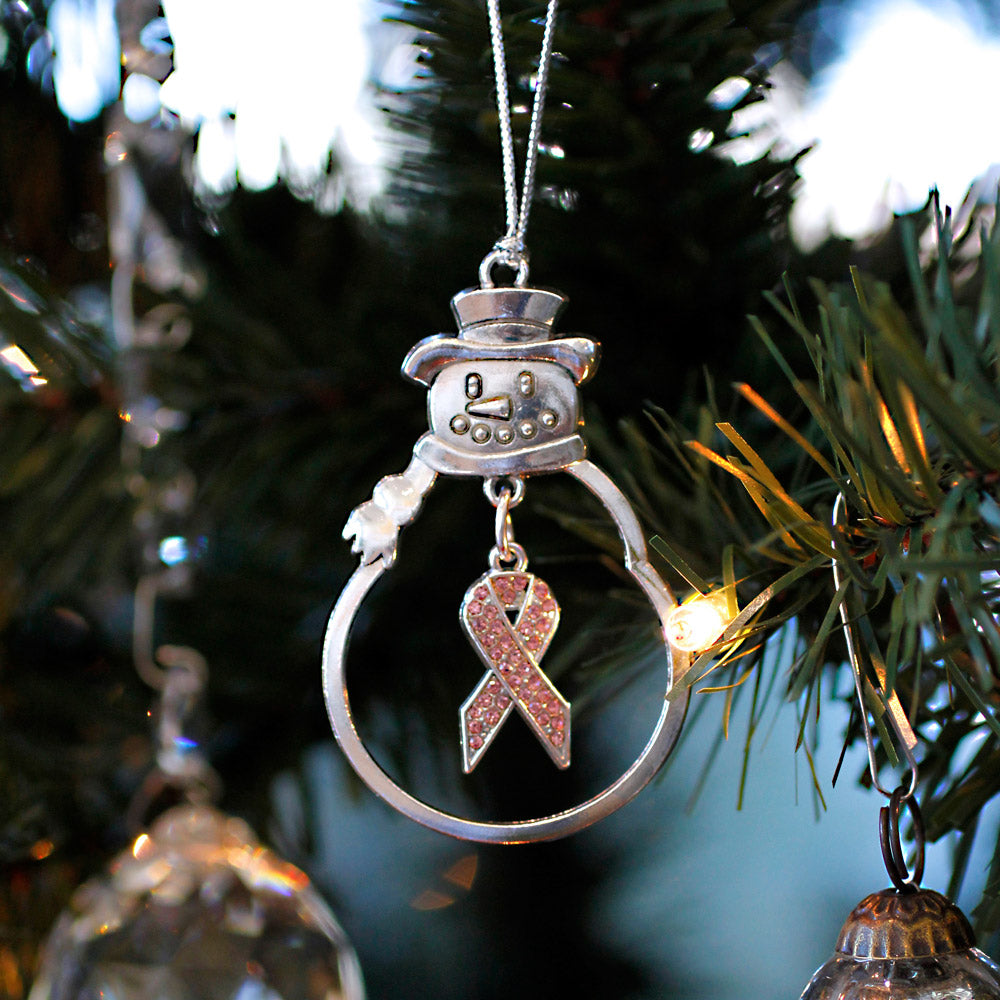 Silver Pink Ribbon Charm Snowman Ornament