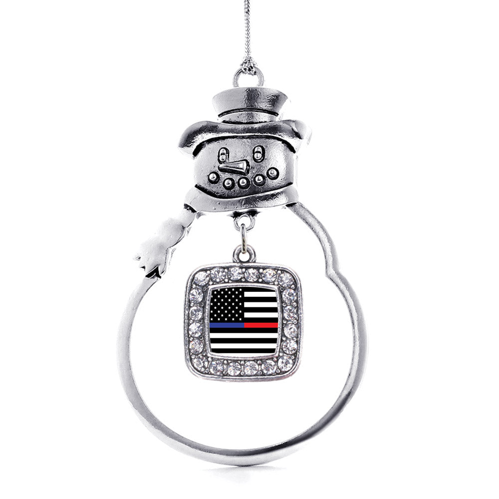 Silver Thin Blue Line and Thin Red Line American Flag Square Charm Snowman Ornament