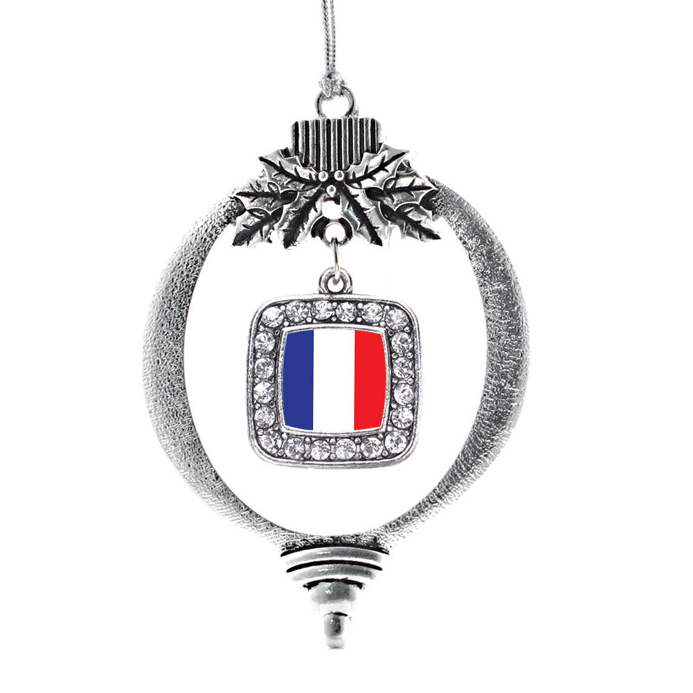Silver France Flag Square Charm Holiday Ornament