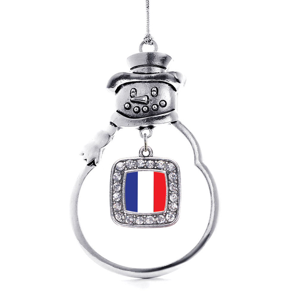Silver France Flag Square Charm Snowman Ornament