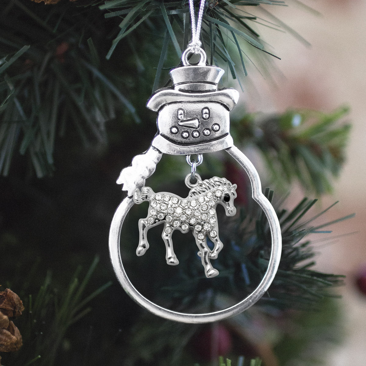 Silver Galloping Horse Charm Snowman Ornament