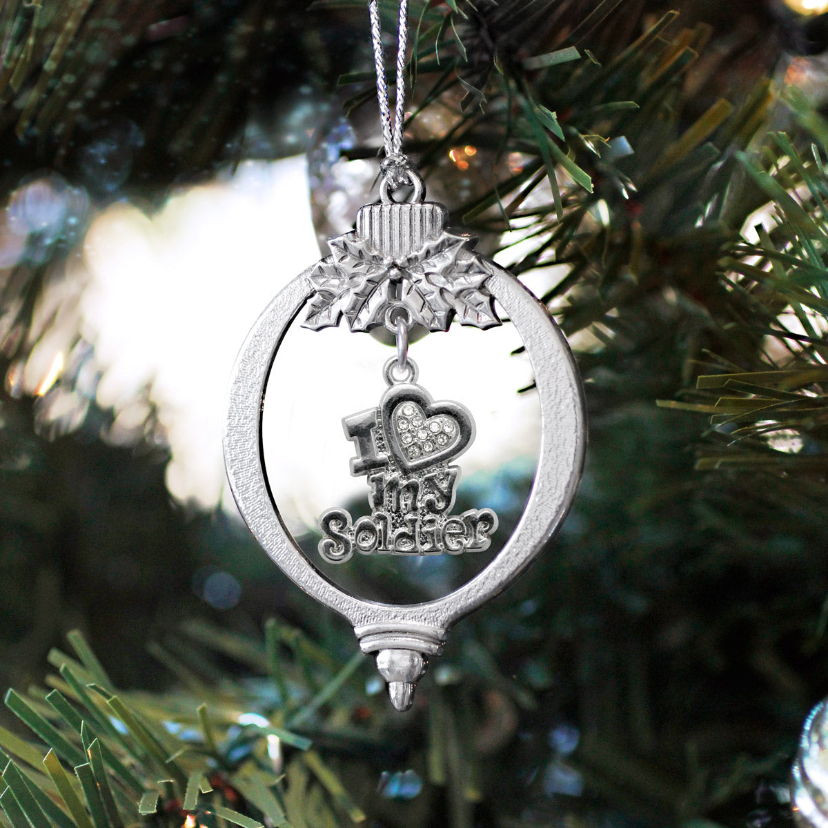 Silver I Love My Soldier Charm Holiday Ornament
