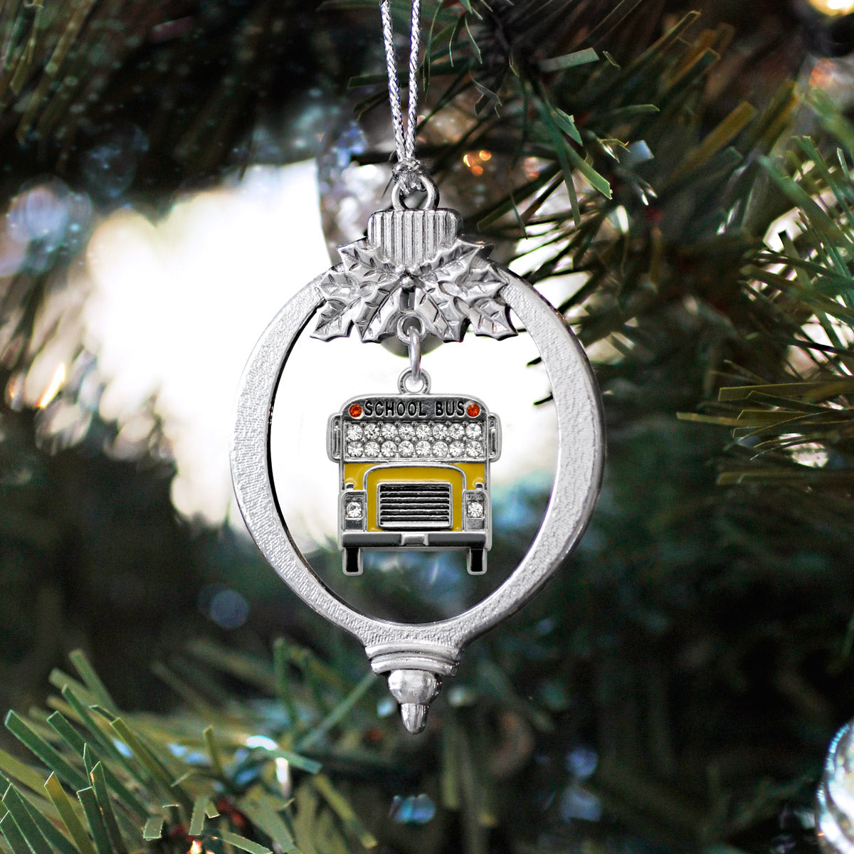 Silver School Bus Charm Holiday Ornament