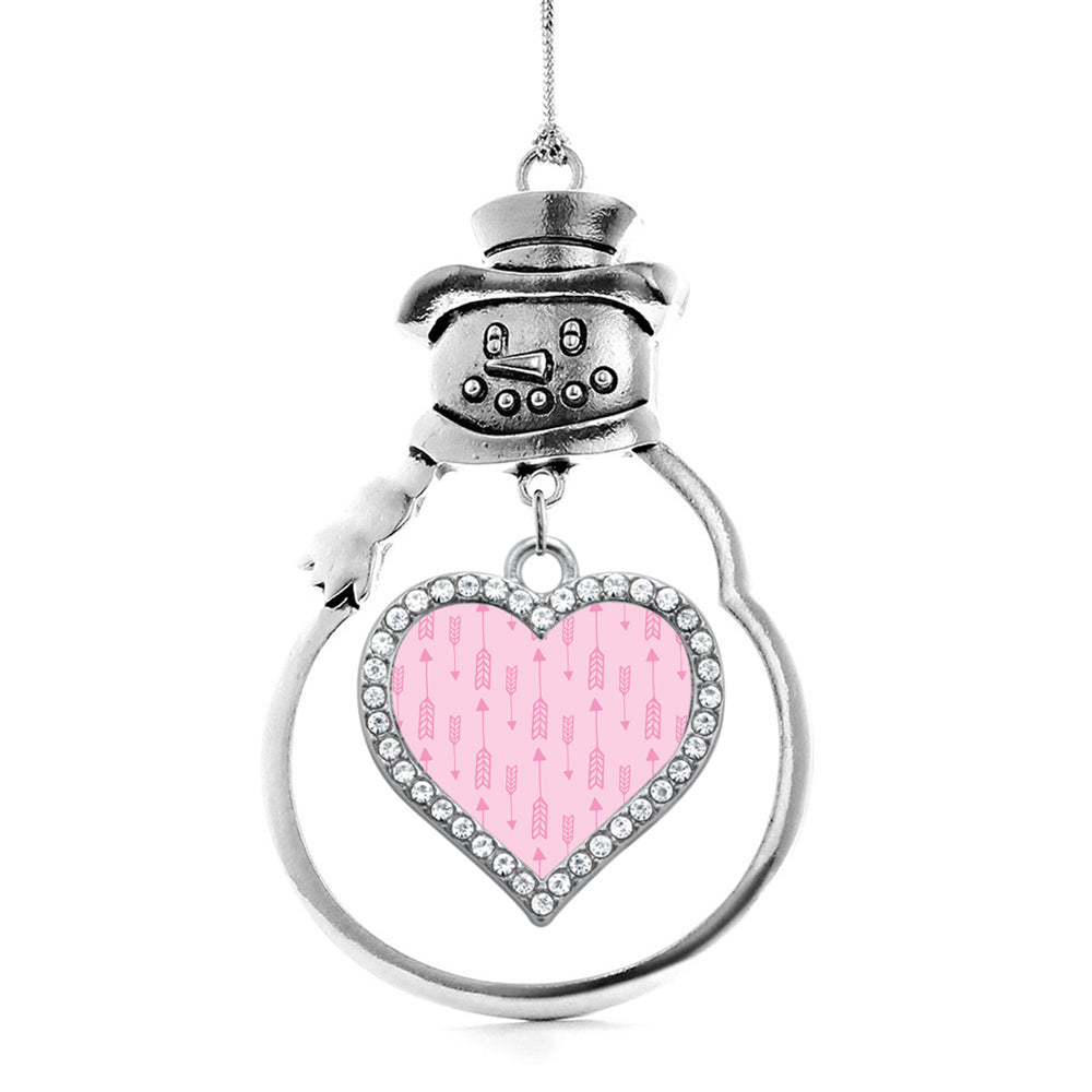 Silver Arrow Pattern Pink Open Heart Charm Snowman Ornament