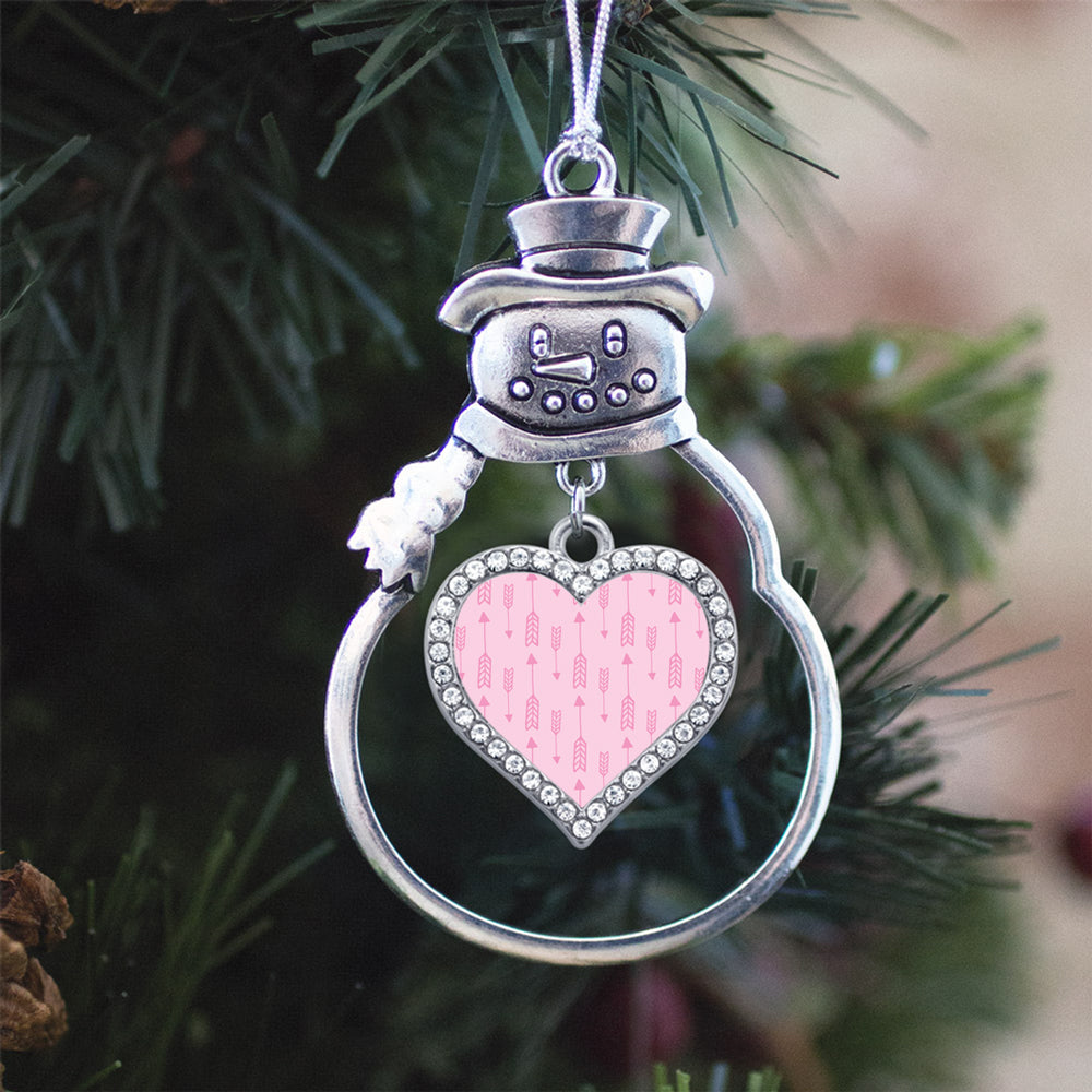 Silver Arrow Pattern Pink Open Heart Charm Snowman Ornament