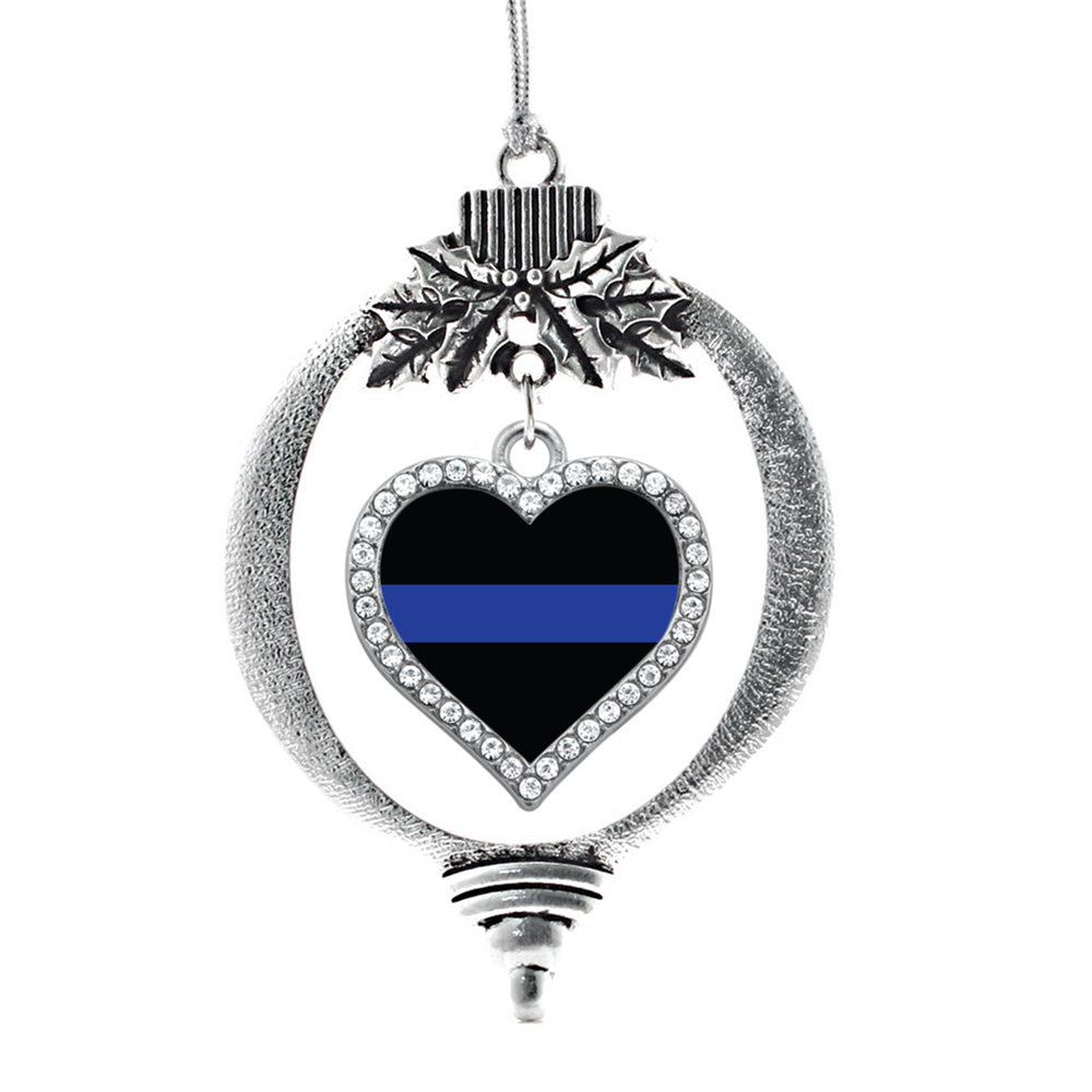 Silver Thin Blue Line - Police Support Open Heart Charm Holiday Ornament