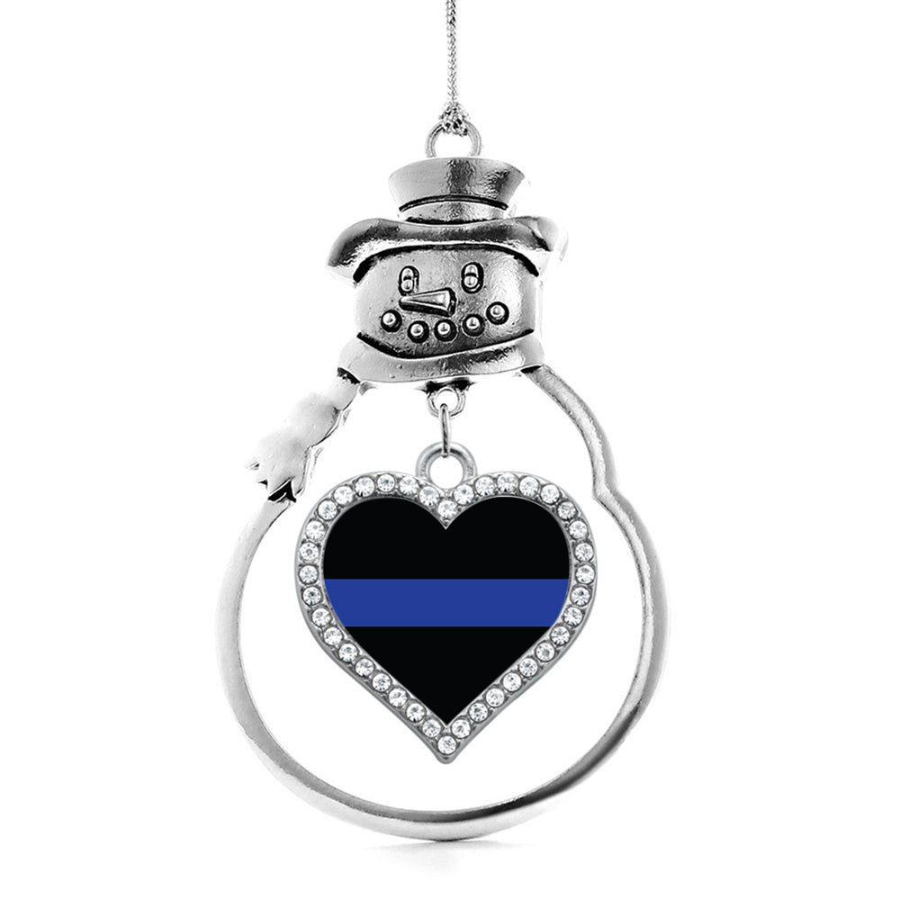 Silver Thin Blue Line - Police Support Open Heart Charm Snowman Ornament